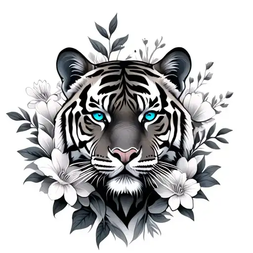 Tiger With Blue Eyes Surrounded By Flowers Surrounding