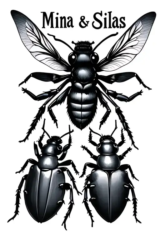 Create A Gothic Tattoo Containing The Names 'Mina & Silas' Also A Wasp And A Dungbeetle