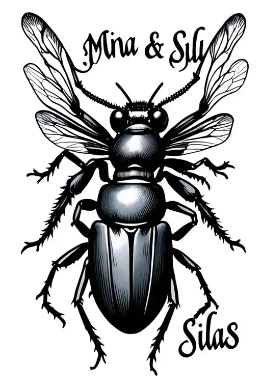 Create A Gothic Tattoo Containing The Names 'Mina & Silas' Also A Wasp And A Dungbeetle