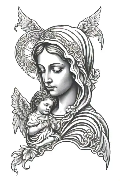 Virgin Mary Holding Baby Angel Wings