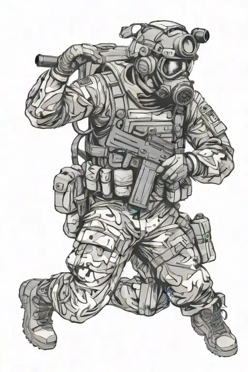 Military Guy With Gas Mask On Holding An Smg With A Full Tactical Uniform
