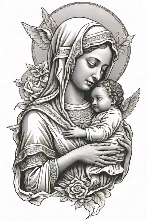 Virgin Mary Holding Baby Angel