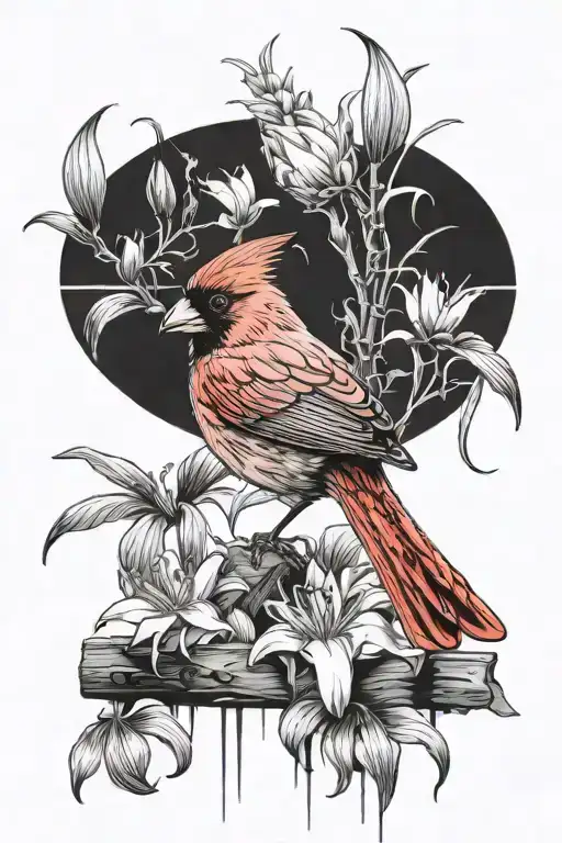 Cardinal Sitting On A Fence With Spider Lily Surrounding The Fence