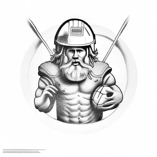 Tattoo Of Zeus Holding A Football And Wearing A Construction Helmet