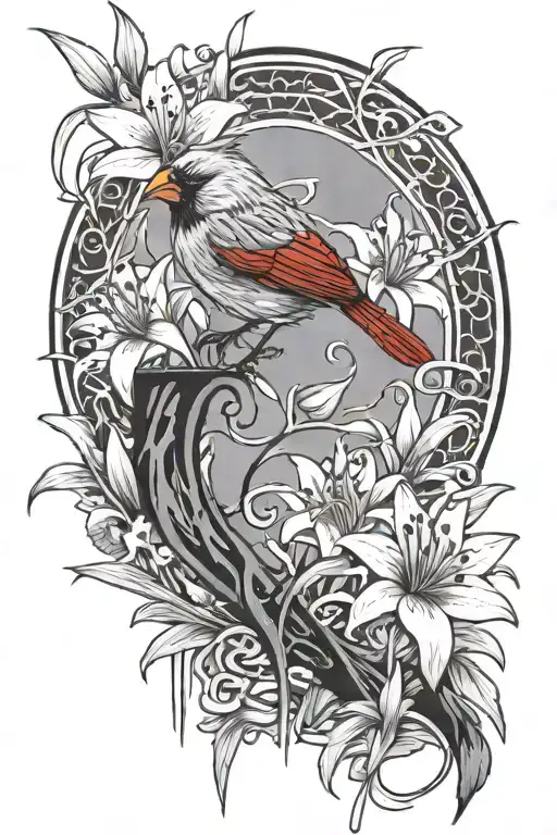 Cardinal Sitting On A Fence With Spider Lily Surrounding The Fence And Coronations