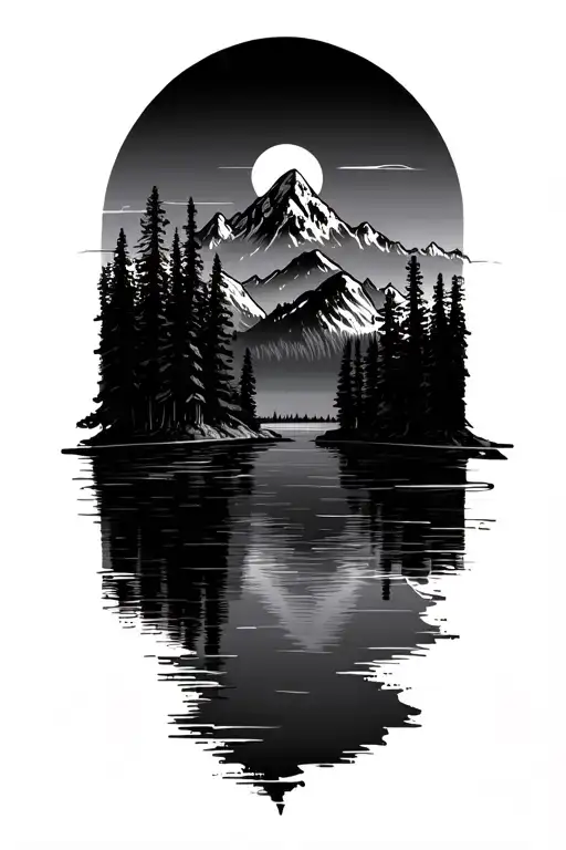 Sunrise Over Mountains With Lake And Tall Pine Trees