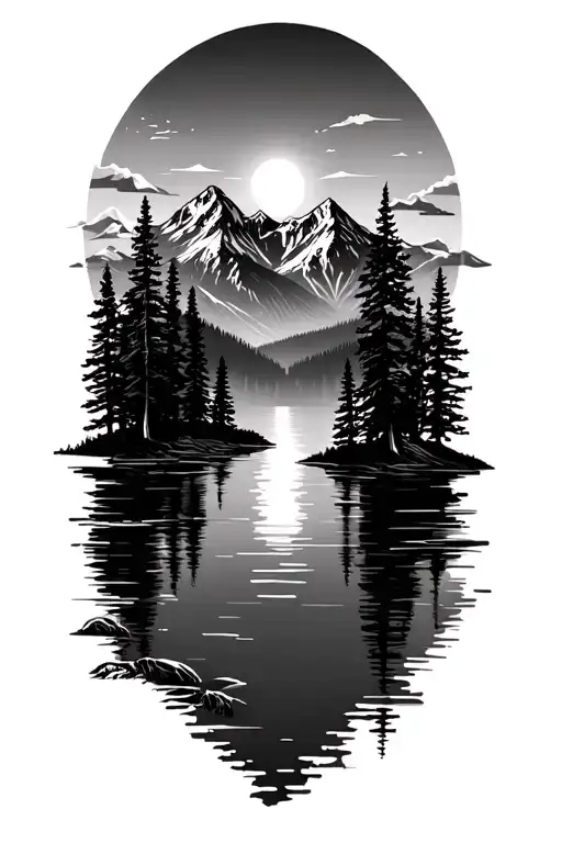 Sunrise Over Mountains With Lake And Tall Pine Trees