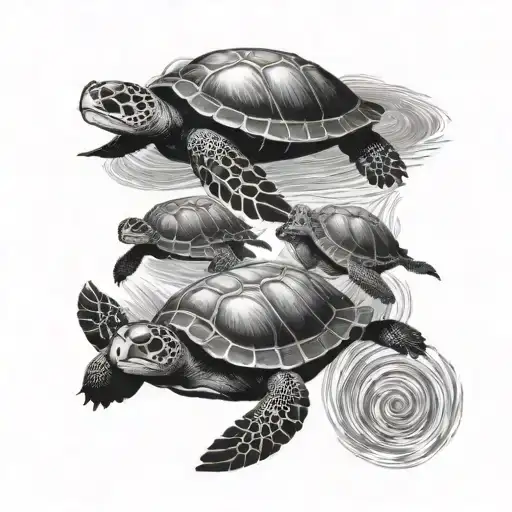 Ocean With Turtles Swimming Together