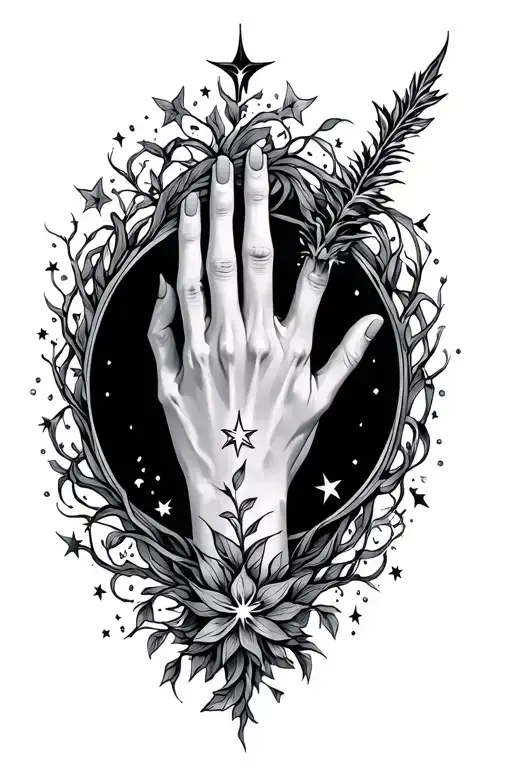 Wand On Finger And Dainty Vines On Hand Around Stars