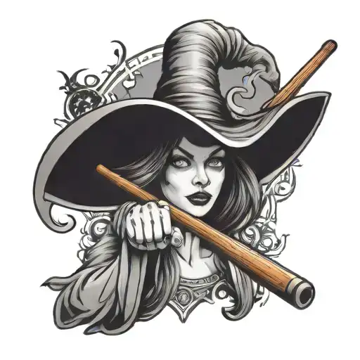 Pool Cue And Witch Flying Towards