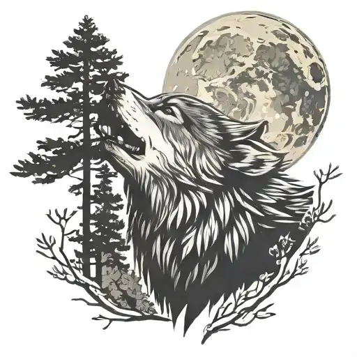 Head Of Wolf Howling Moon Pine Tree Silhouette Surrounded