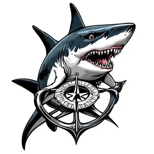 Shark With Anchor And Compass Surrounded