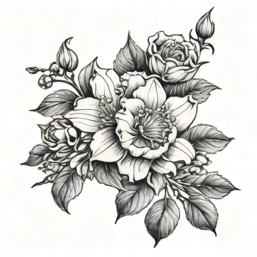 A Detailed Black And Grey Tattoo Of A Blooming December And February Flower Garden