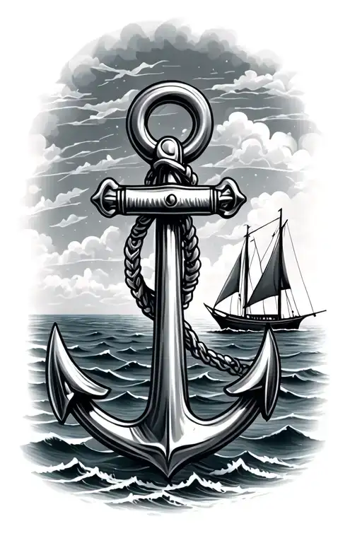 Big Anchor With Ocean And Sailboat In The Background