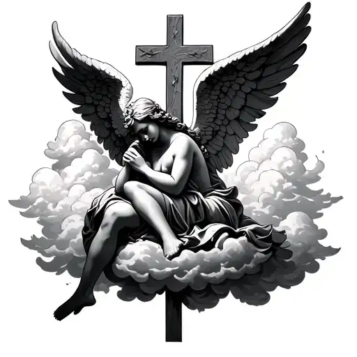 Cross With Angel Sitting On It Looking At Clouds