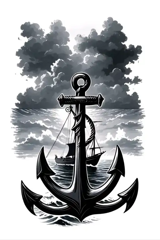 Big Anchor With Ocean In The Background And A Boat Sailing To The Sky