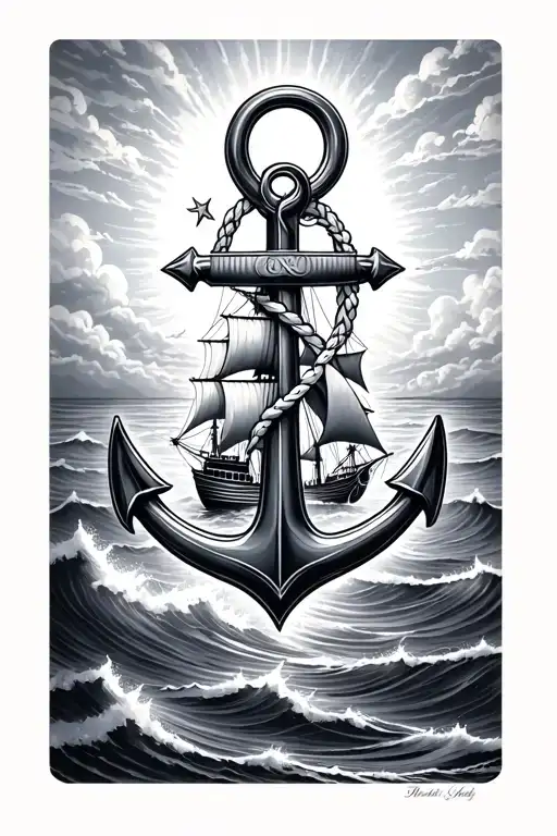 Big Anchor With Ocean In The Background And A Boat Sailing Up To Heaven