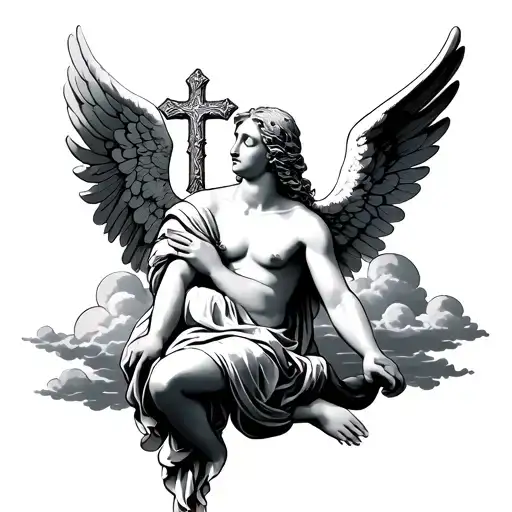 Cross With Angel Sitting On Arm Looking At Clouds