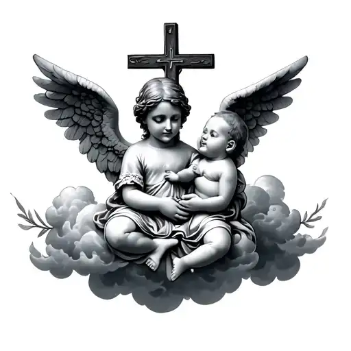 Cross With Baby Angel Sitting Looking At Clouds