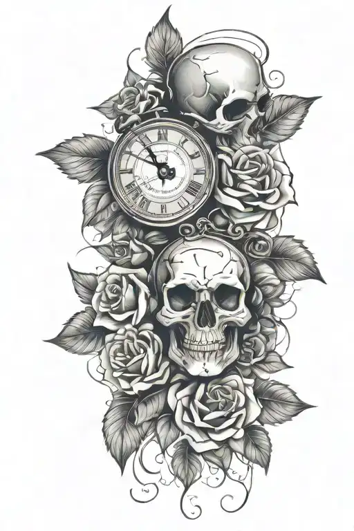 Skull And Roses Wrapped And A Clock