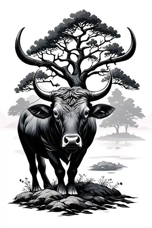 Bull And Tree Silhouette