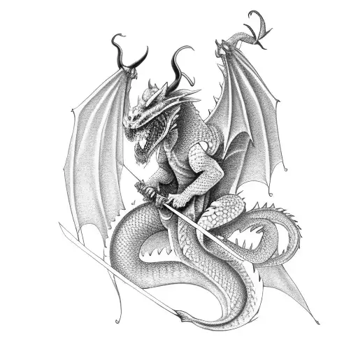 A Dragon With A Japanese Demon Mask With Horns Holds A Katana Full Height