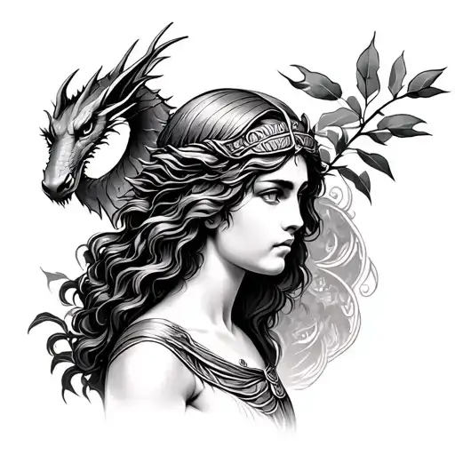 Athena Greek Goddess Surround By Olive Tree Branch With A Dragon Behind Her