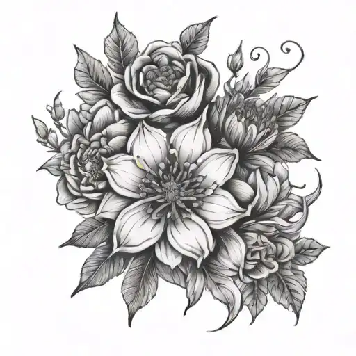A Detailed Black And Grey Tattoo Of A Blooming December And February Flowers