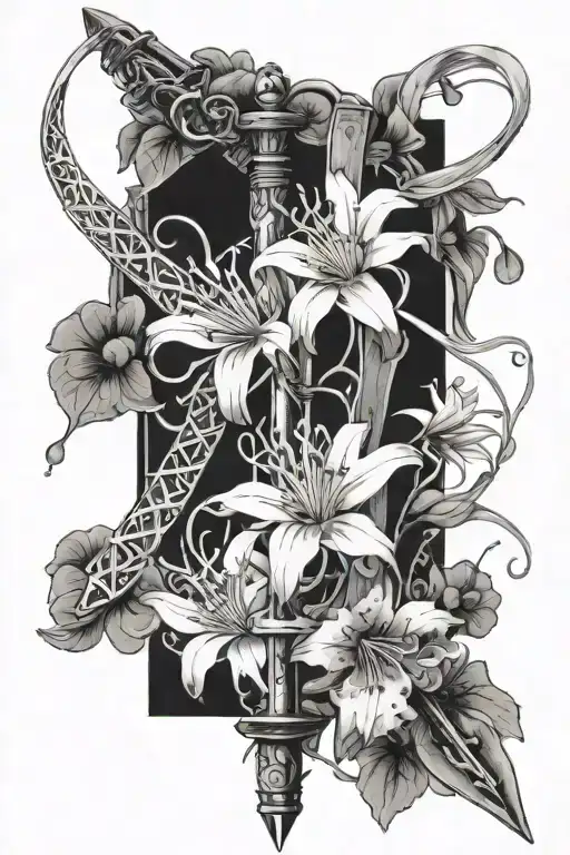 Spider Lily And Sword Breaking Into Sakura Pedals With Roman Numerals Inside The Sword