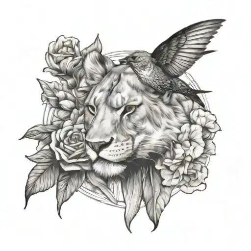 A Lioness's Head And A Hummingbird