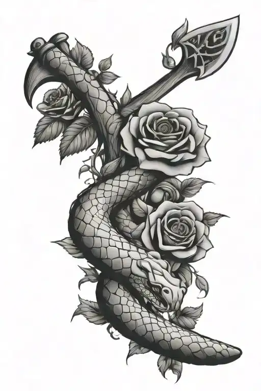 Snake With Roses Tree And Axe