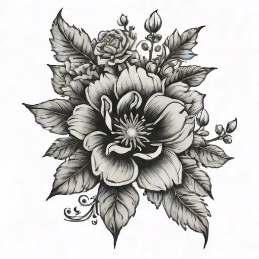 A Detailed Black And Grey Tattoo Of A Blooming December And February Flower Garden