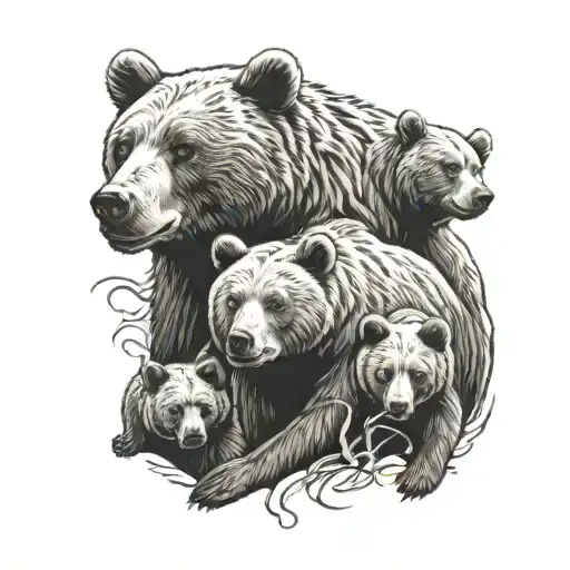 Momma Bear With Four Cubs Heads Only