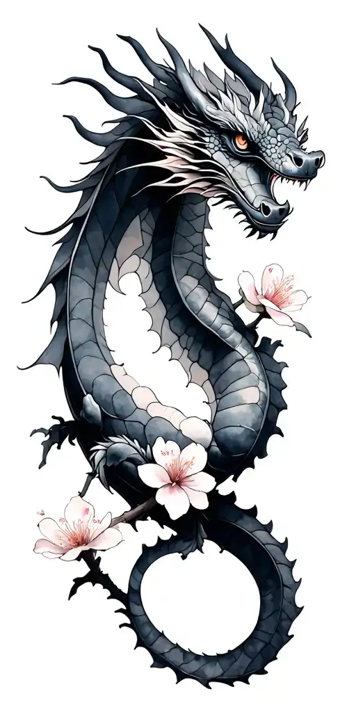 Watercolor Cherry Blossom With A Dragon