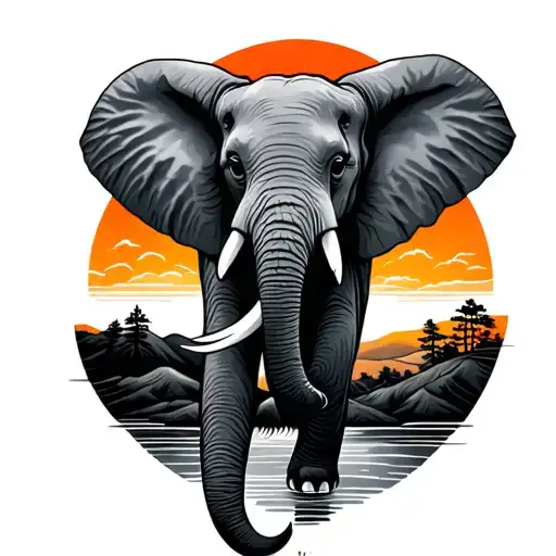 Fine Line Minimal Elephant Tattoo With Sunset And Hill