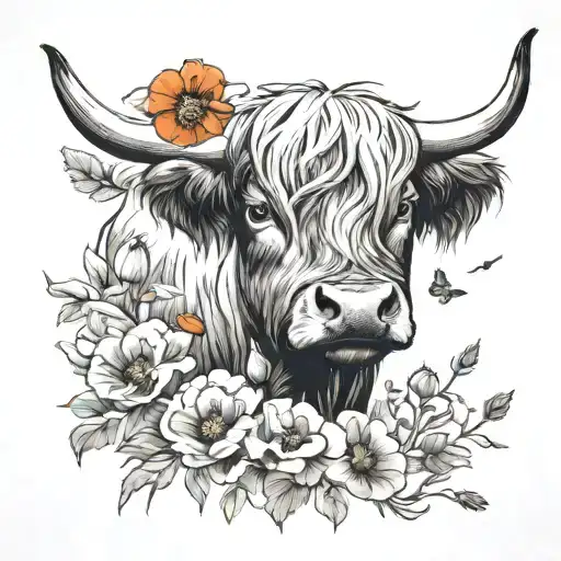 Highland Cow And Poppies Blooming