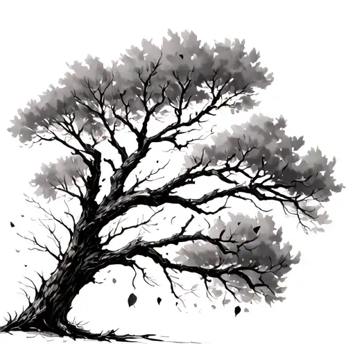 Sketch Of Bare Tree With Leaves Blowing In Wind