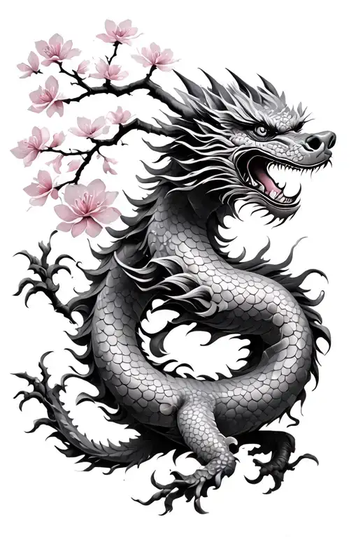Cherry Blossom Tree And Chinese Dragon