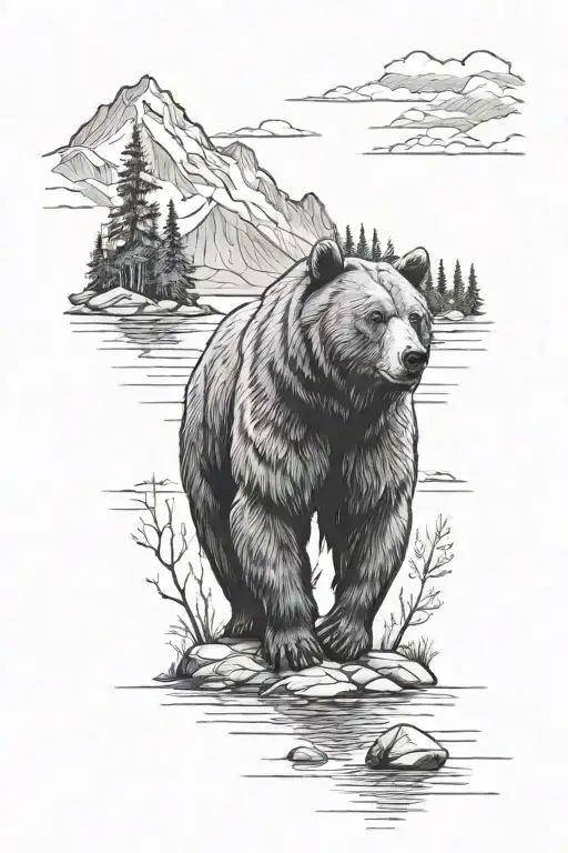 Bear In A Forest By A Lake Surrounded By Mountains