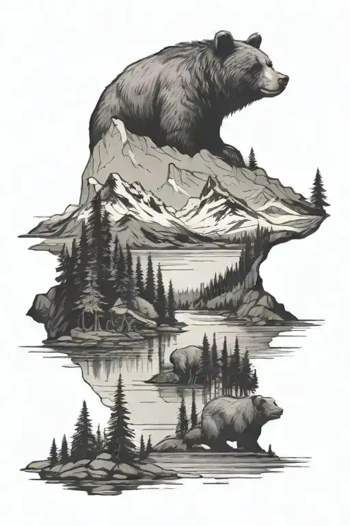 Bear In A Forest By A Lake Surrounded By Mountains