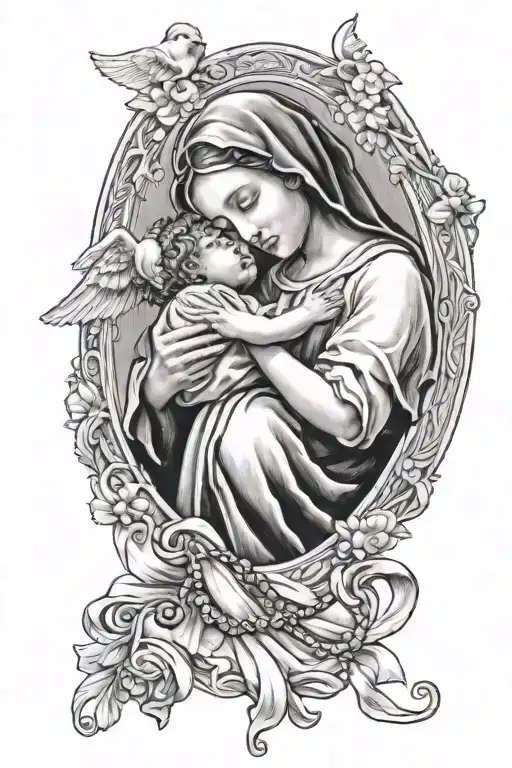 Kid Angel With Virgin Mary And A Rosary Wrapped Loosely