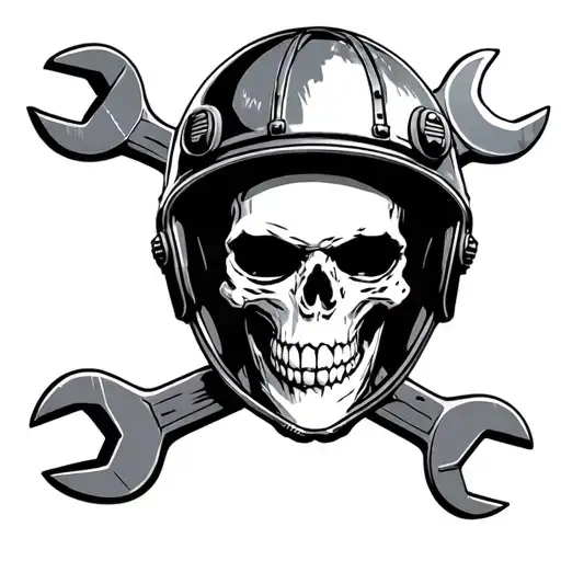 Skull Wearing A Bomber Helmet Above A Pair Of Crossed Wrenches