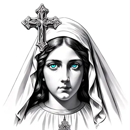 Mary With A Veil And Cross And Blue Eyes