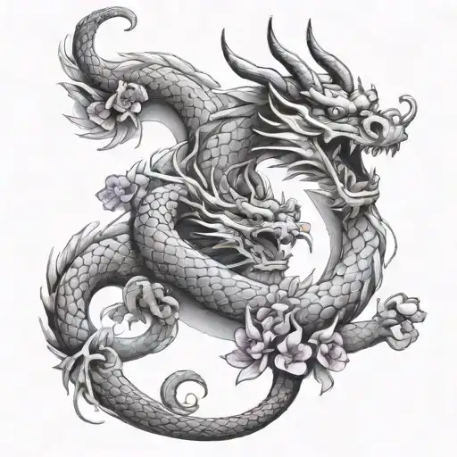 Dragon Swirling Around A Japanese Temple With Purple Flowers