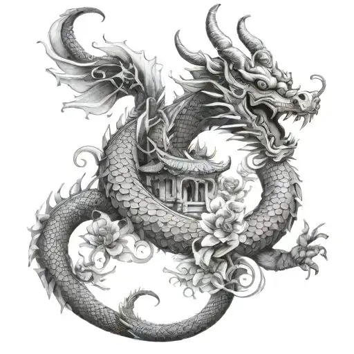Dragon Swirling Around A Temple With Flowers