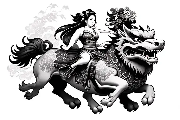 Geisha Riding A Foo Dog