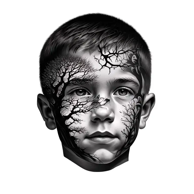 Portrait Of My Son With A Bare Tree Of Life Right Next To His Face Fading In