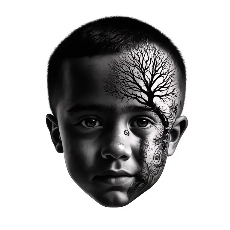 Portrait Of My Son With A Bare Tree Of Life On The Right Of His Face Fading In