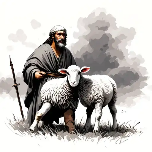 A Shepherd From Biblical Times Walking With A Lamb