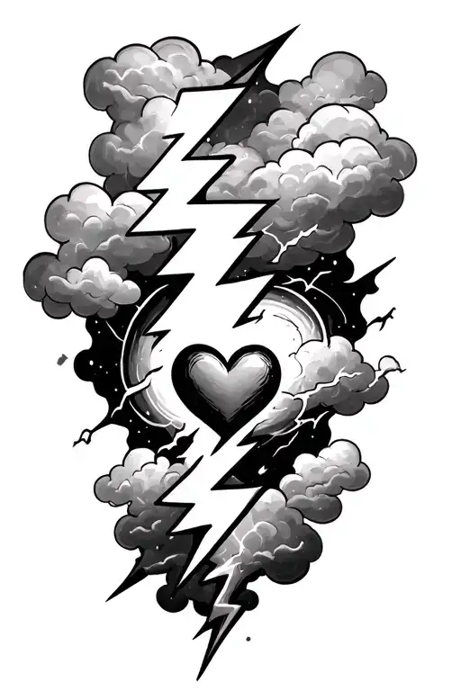 Realistic Lightning Bolt With Heart Throughout The Middle Storm Clouds In The Background